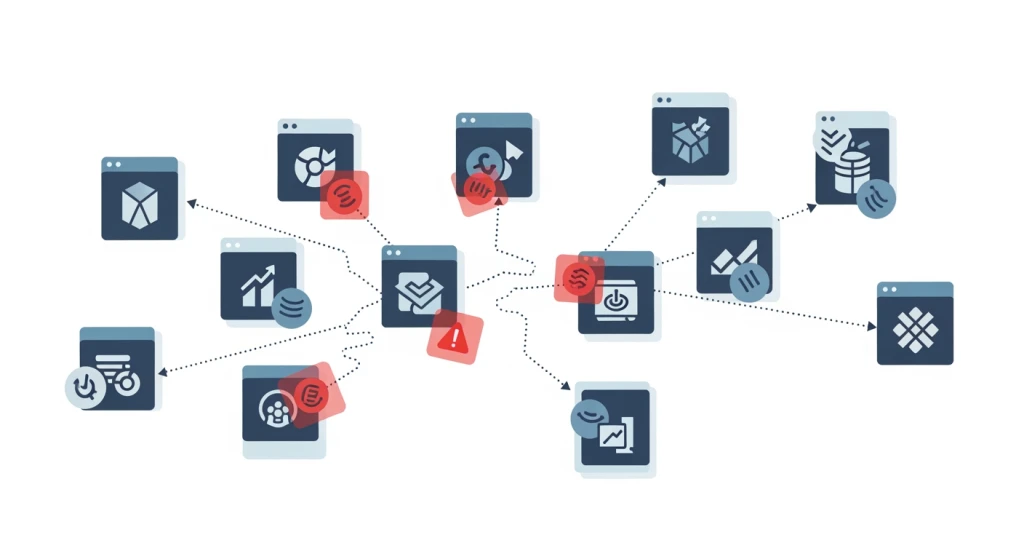 Visual representation of workflow bottlenecks created by disconnected marketing tools showing data trapped in silos