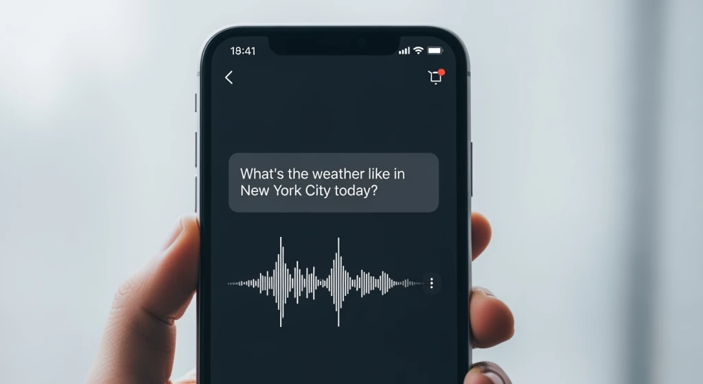 Voice search interface on smartphone showing conversational long-tail query results