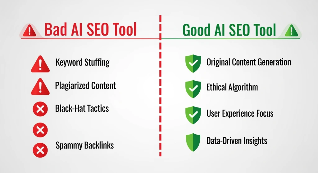 Warning signs and red flags to identify harmful AI SEO tools and content spinners