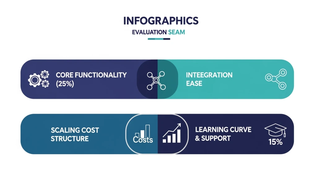 Weighted scorecard framework showing four evaluation categories with percentage allocations for marketing tool selection