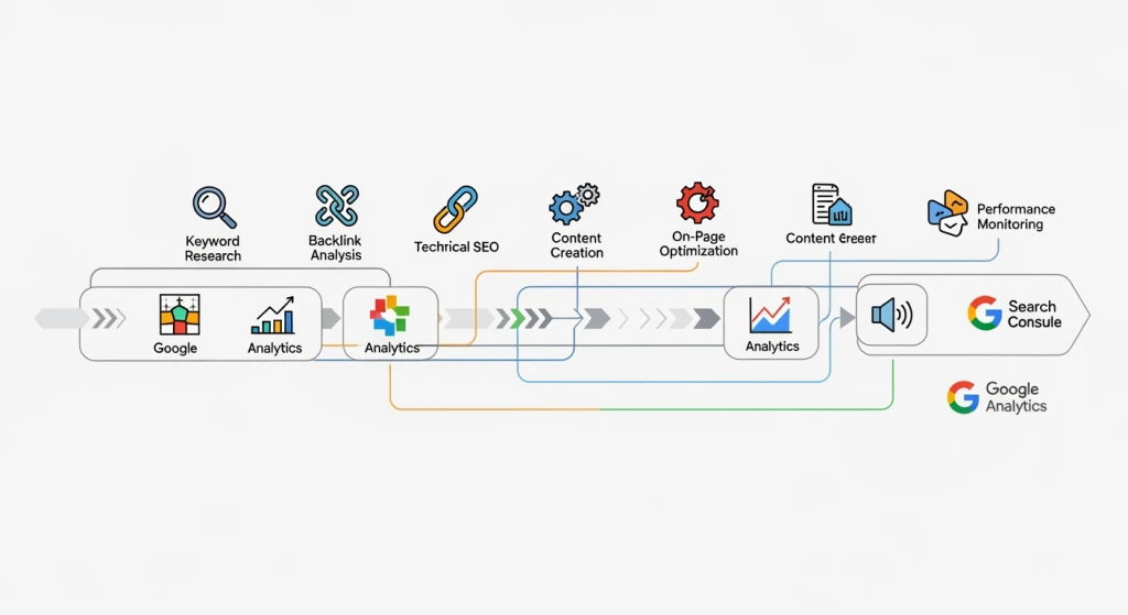 Workflow diagram showing integration between free AI SEO tools and existing marketing stack