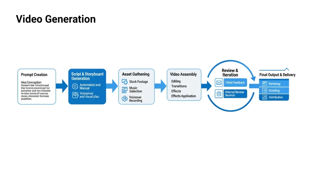 Workflow diagram showing iterative video generation process from initial prompt to final output with refinement steps