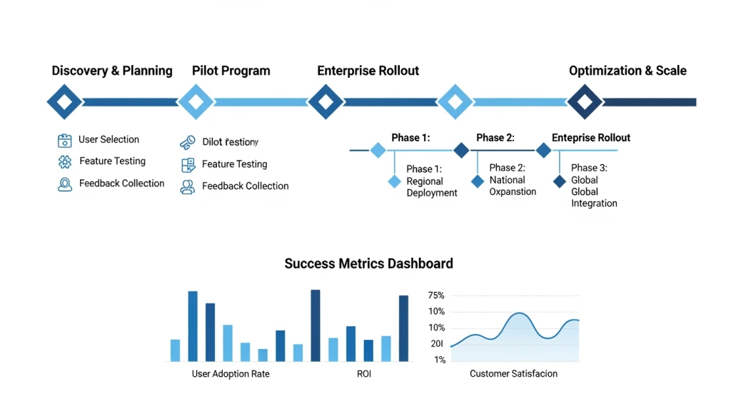AI avatar implementation strategy roadmap for enterprises showing pilot program to full rollout phases