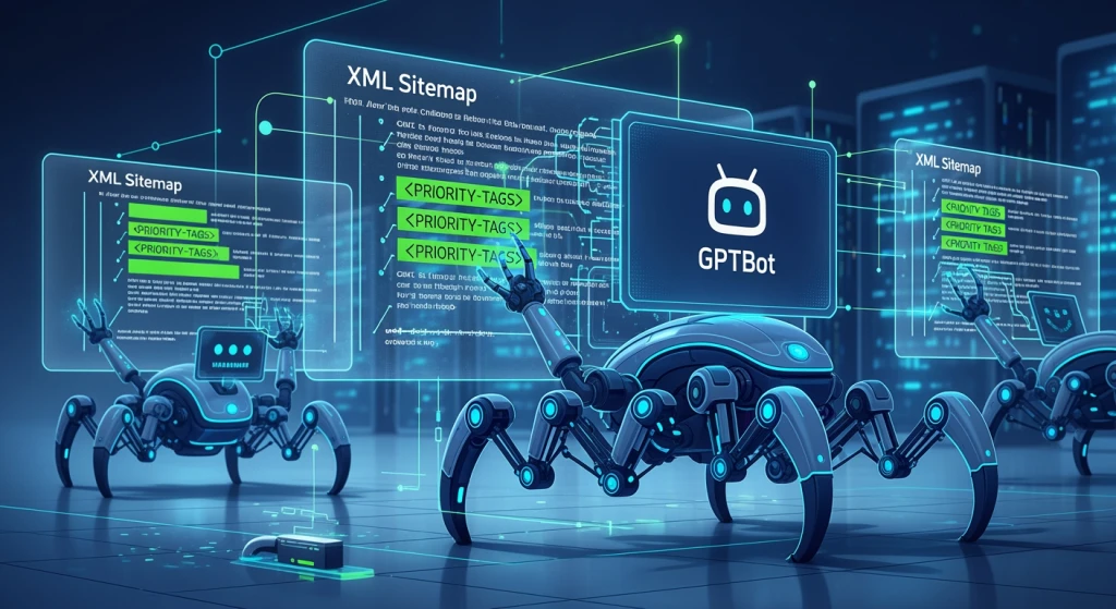 AI crawlers analyzing XML sitemap priority tags and processing website content for improved indexing