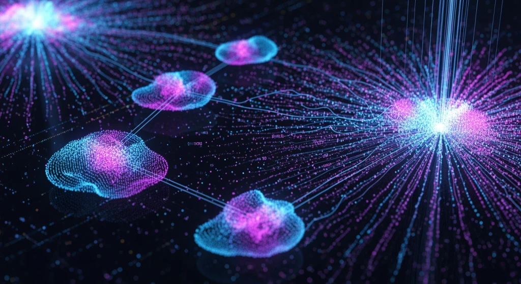 AI-powered search engine analyzing global content with semantic collapse visualization