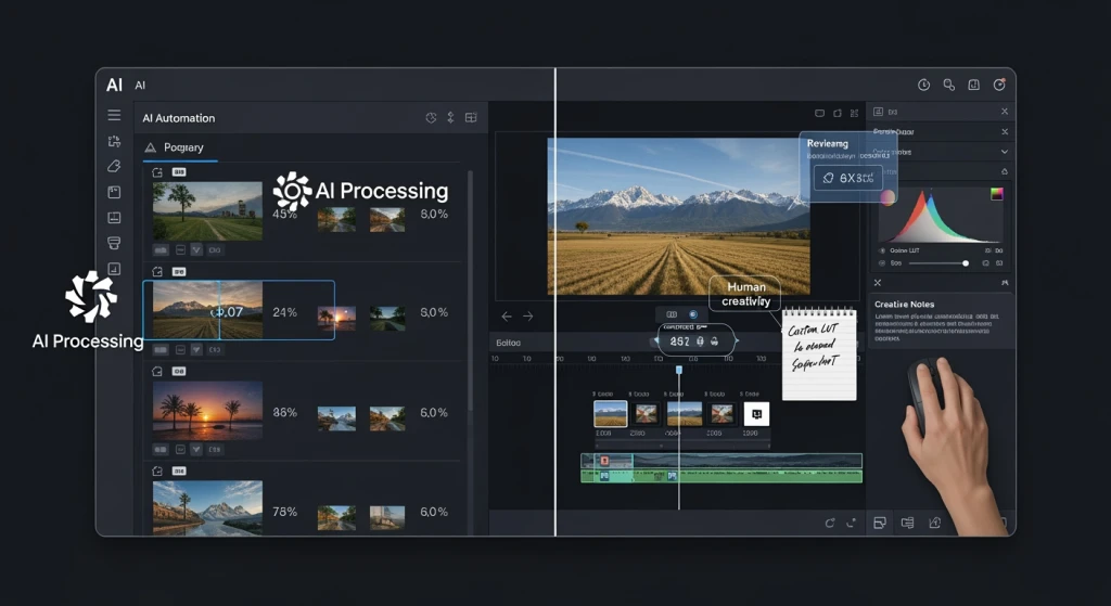 AI video editing tools processing multiple clips with human editor maintaining creative control over final decisions