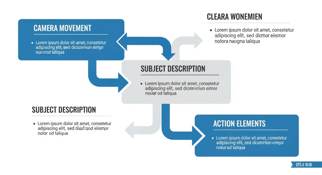 AI video prompt template structure showing camera, subject, and action framework components