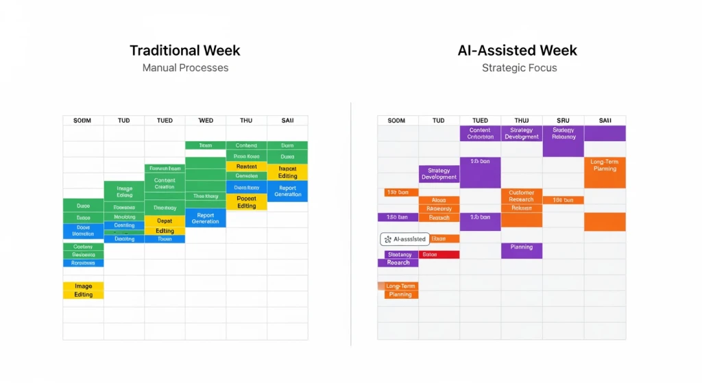 Before and after comparison of marketing manager’s weekly schedule showing time allocation shifts with AI integration