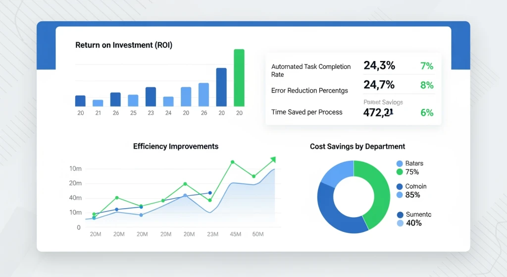 Business success metrics and case study results showing cost savings and efficiency improvements