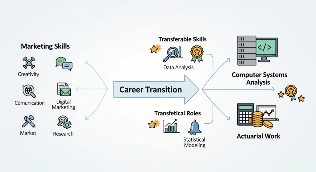Career transition from marketing to analytical roles like computer systems analyst and actuary with skill transferability diagram