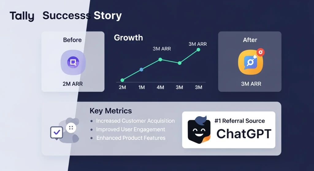 Case study visualization showing Tally’s GEO success story with ChatGPT becoming their number one referral source