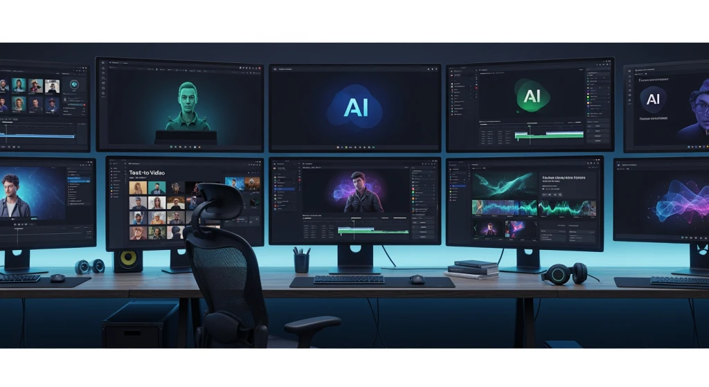 Collection of AI music video creation tools and software interfaces displayed on screens
