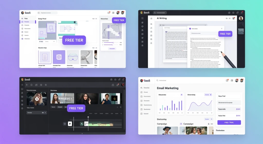 Collection of free content creation tool interfaces showing Canva, ChatGPT, CapCut and other platforms arranged in organized grid layout