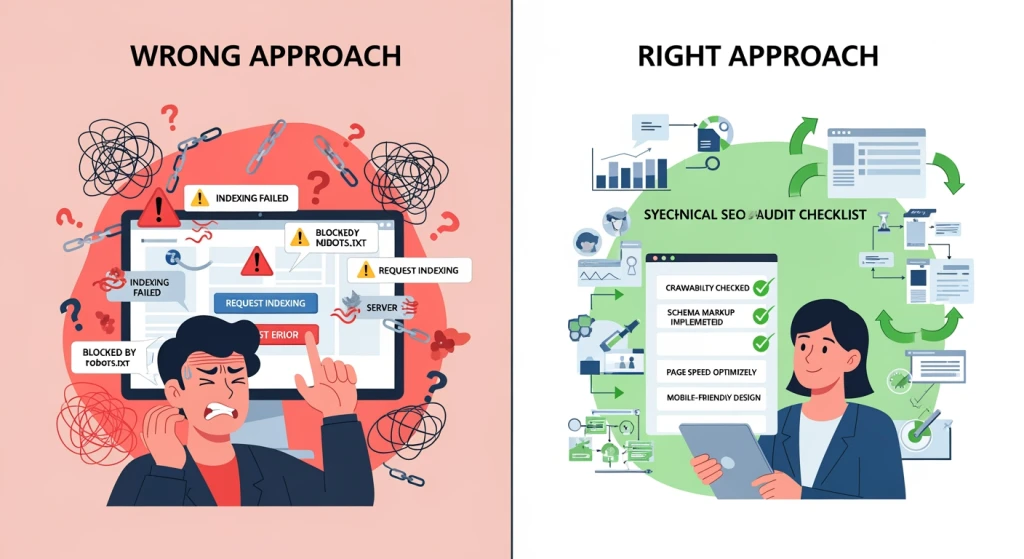 Common SEO mistakes illustrated with failed indexing requests and wasted crawl budget