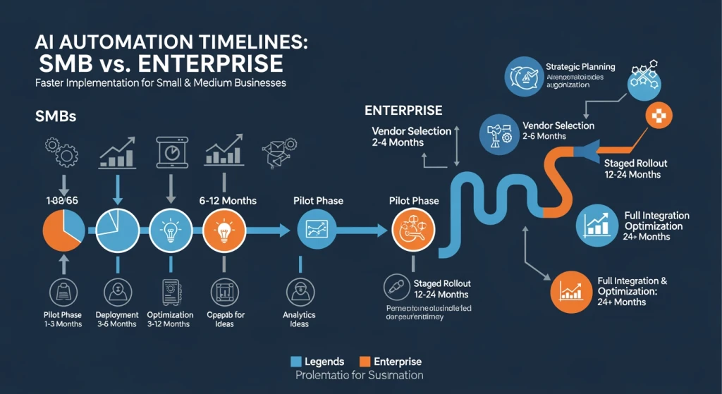 Comparison chart showing SMB vs enterprise AI automation timeline and ROI advantages