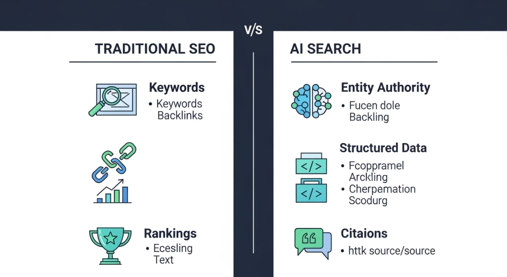 Comparison chart showing traditional SEO versus AI search optimization strategies and methodologies