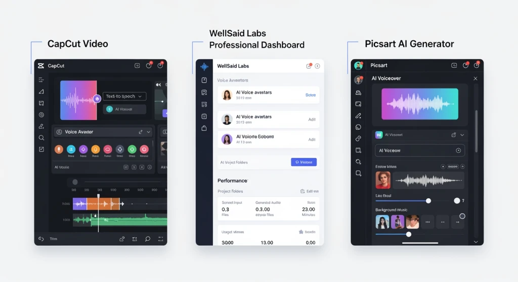 Comparison grid of AI voiceover tools showing CapCut, WellSaid Labs, and Picsart interfaces