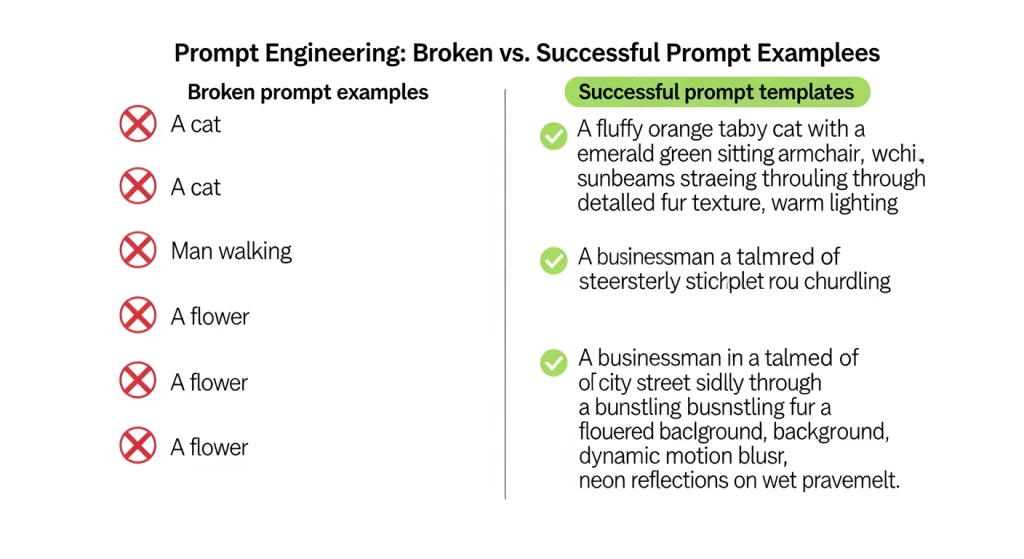 Comparison of problematic AI video prompts versus effective prompt structures for video producers