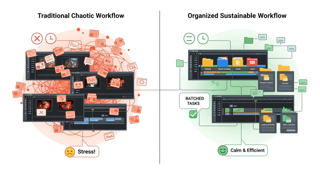 Comparison visualization of sustainable vs traditional video editing workflows showing efficiency metrics and editor wellbeing factors