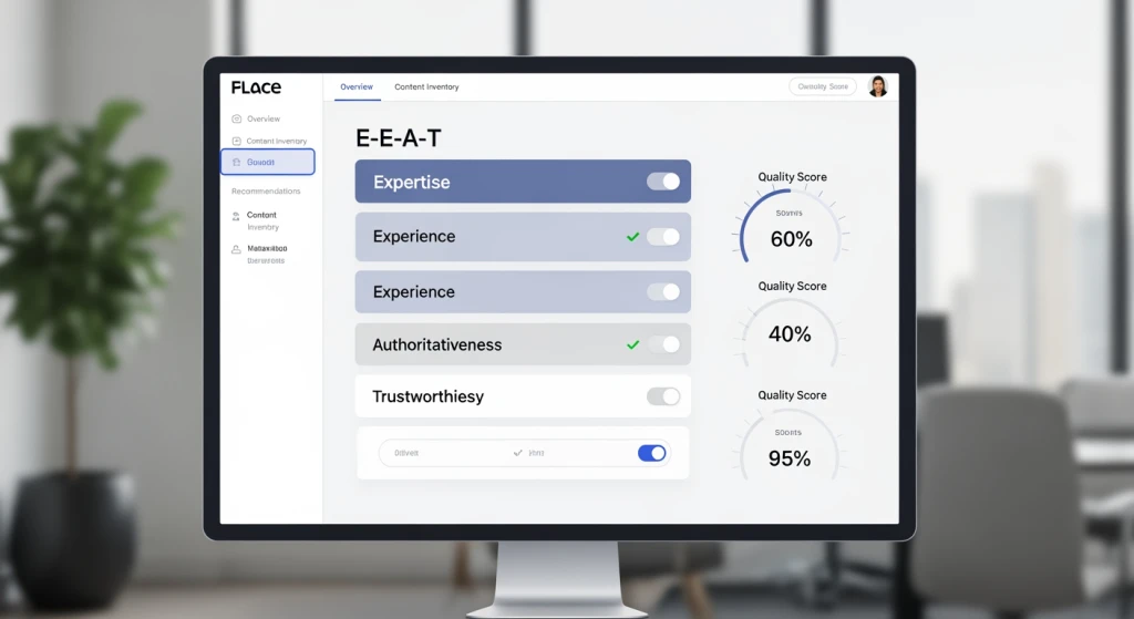 Content audit checklist showing E-E-A-T optimization elements and quality metrics