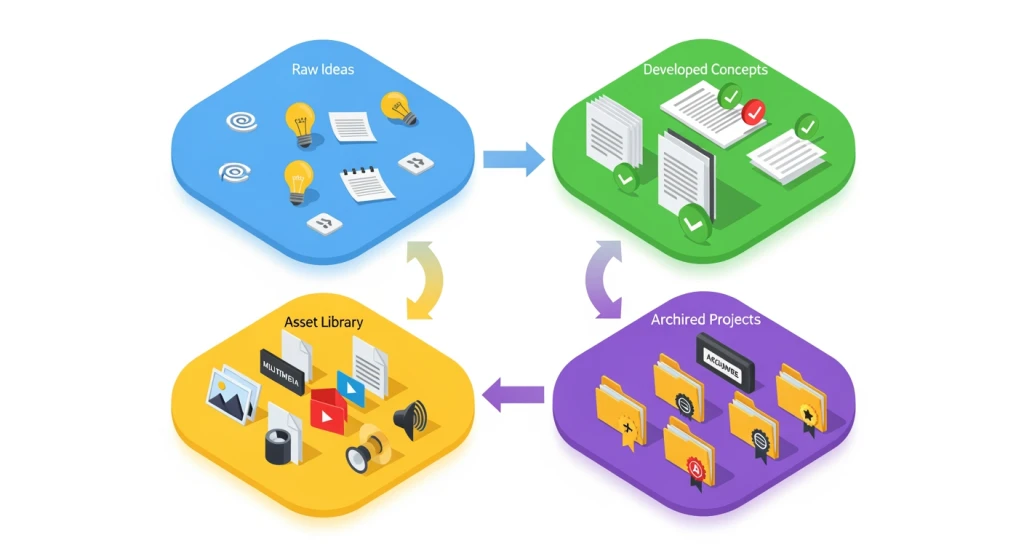 Content bank organization system showing four quadrants for raw ideas developed concepts assets and archives