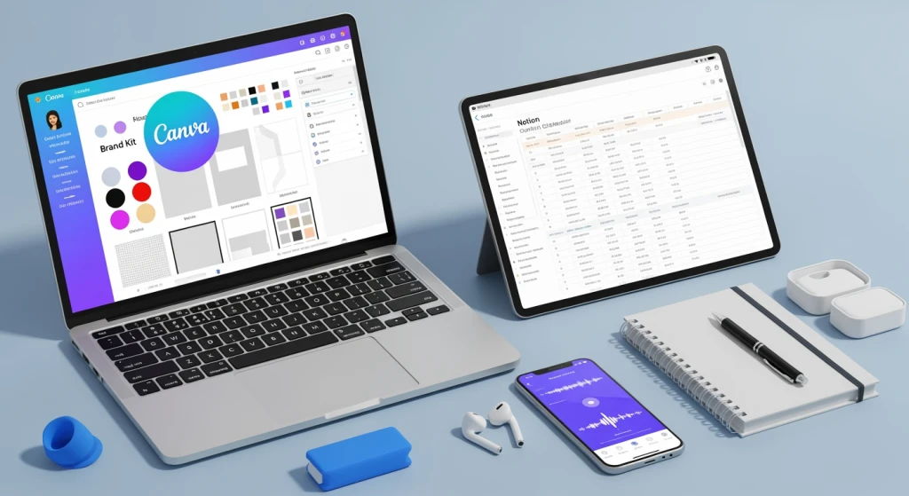 Content creation tools workspace showing Canva Notion and AI writing assistance tools on digital devices