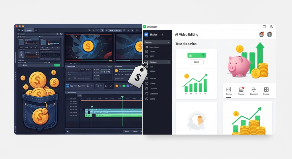 Content creator comparing expensive video editing software costs versus free AI tools savings