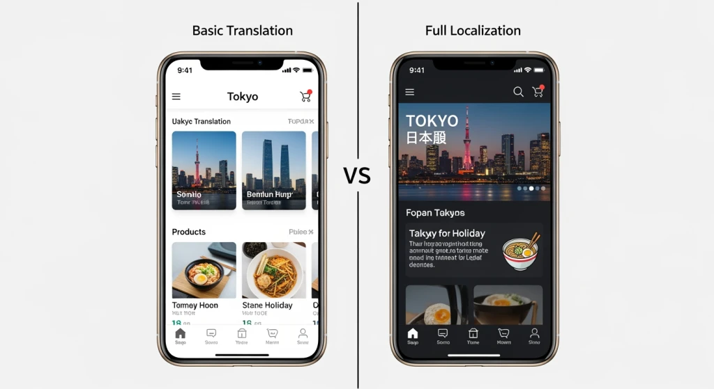 Content localization process showing translation vs cultural adaptation for different global markets