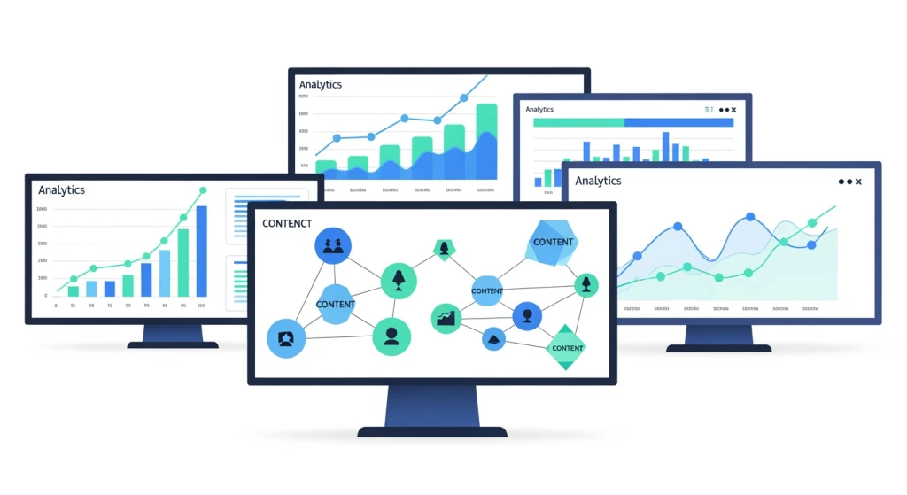 Content manager reviewing SEO analytics dashboard showing organic growth metrics and customer acquisition costs