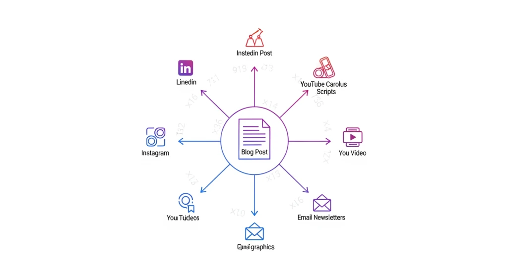 Content repurposing workflow showing one anchor blog post transformed into multiple platform-specific formats