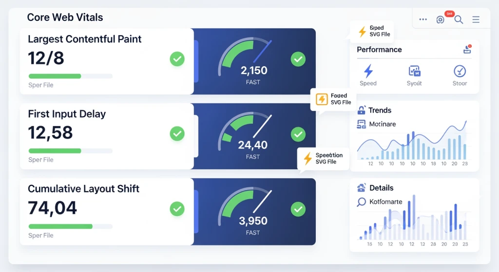 Core Web Vitals dashboard showing LCP improvements with SVG optimization for page speed