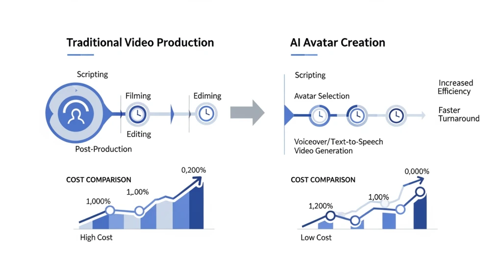 Corporate training transformation comparison showing traditional vs AI avatar video production timeline and cost reduction