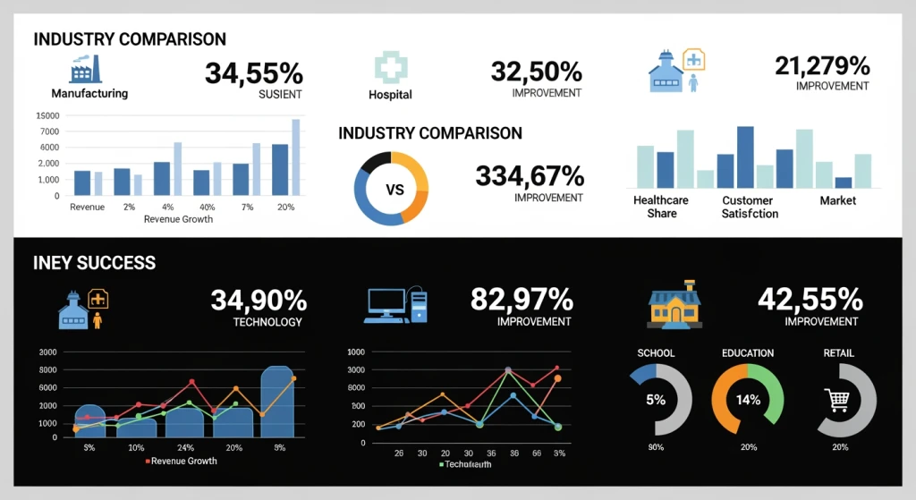Cross-industry AI avatar success metrics showing manufacturing, healthcare, SaaS, education and retail case study results