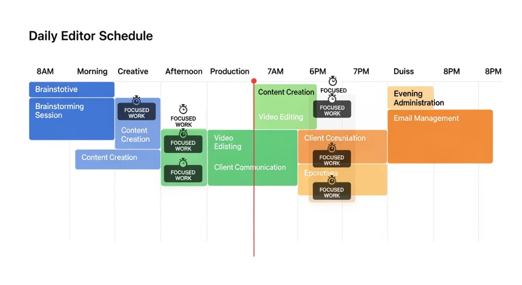 Daily schedule visualization showing batched video editing tasks organized by time blocks for optimal productivity and reduced context switching