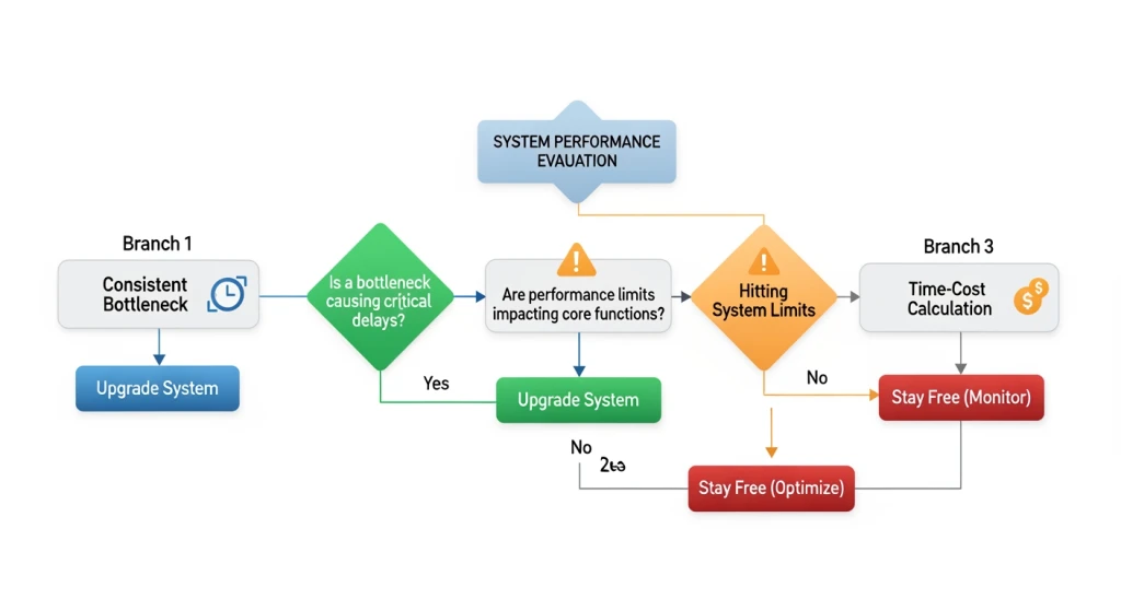 Decision flowchart showing three upgrade trigger scenarios with cost-benefit analysis comparing time savings versus subscription costs