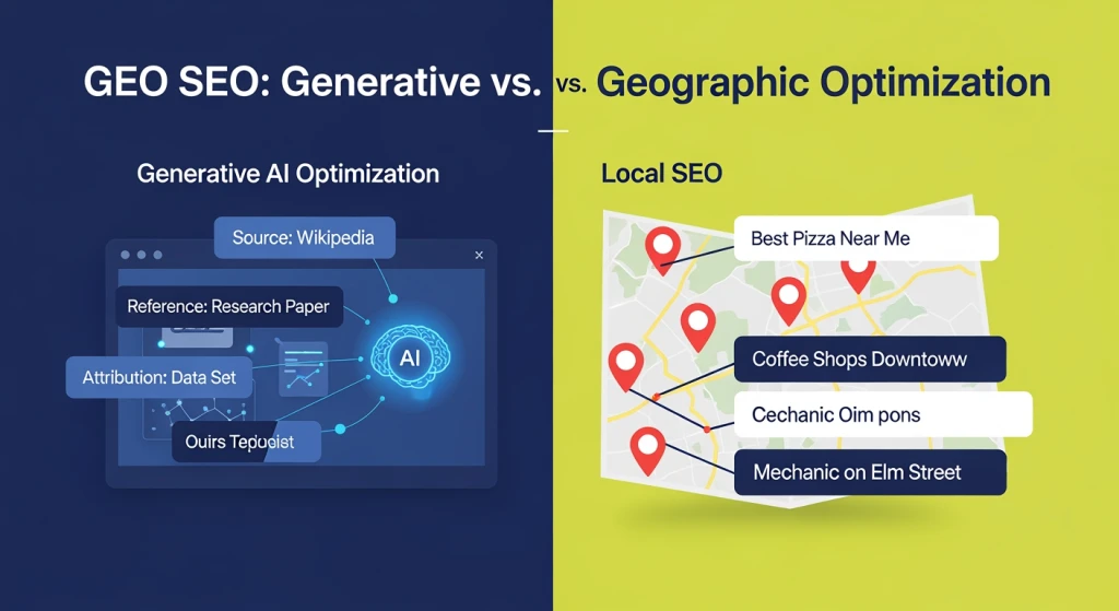 Diagram showing two definitions of GEO SEO: generative engine optimization for AI citations versus geographic local SEO targeting