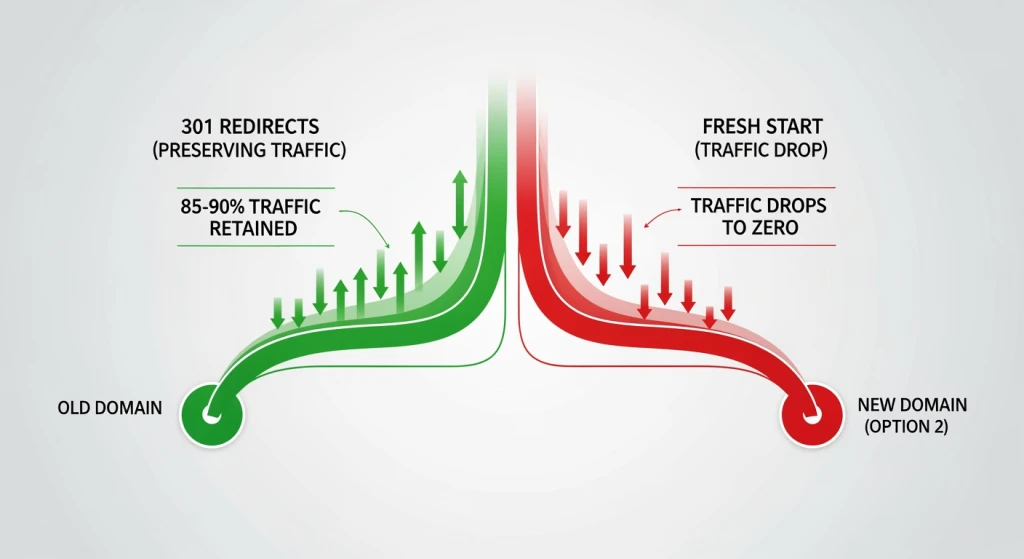 Domain migration strategies comparison showing traffic preservation vs complete loss