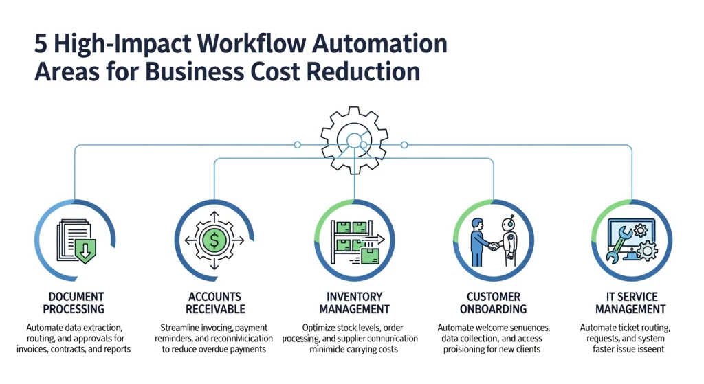 Five key workflow automation areas including document processing, accounts receivable, and inventory management