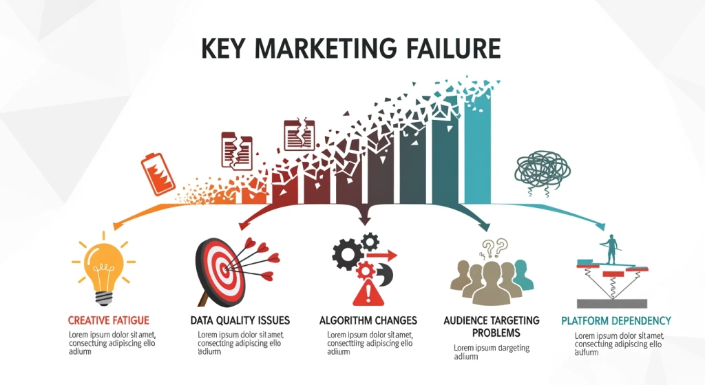 Five main reasons for marketing strategy failure illustrated as interconnected elements