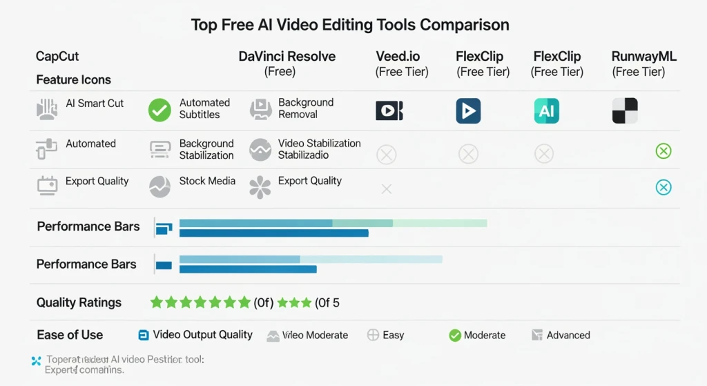 Free AI video editing tools comparison chart with performance metrics and features