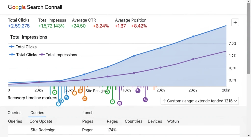 Google Search Console performance dashboard showing penalty recovery progress