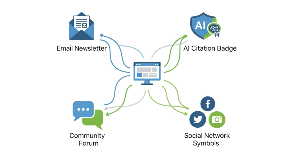 Illustration of diversified traffic channels including email lists, social communities, and AI citations for SEO managers