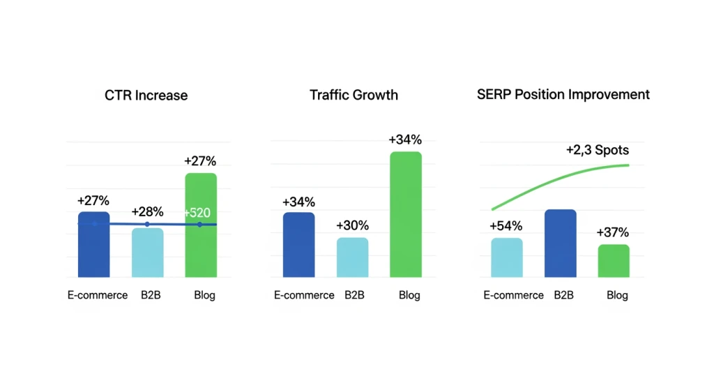 Industry benchmark chart showing CTR and traffic improvements from FAQPage schema implementation across multiple sectors
