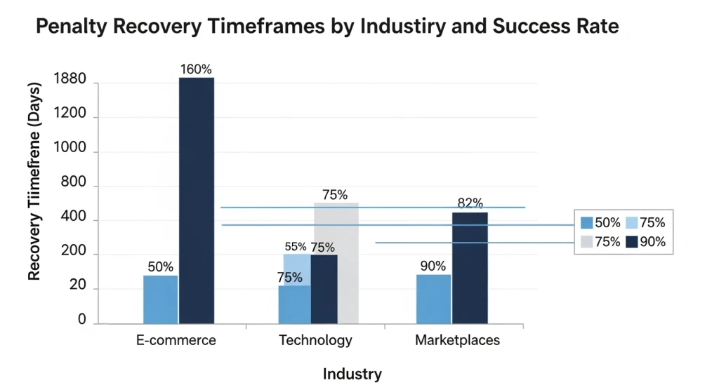 Industry benchmark comparison chart showing penalty recovery timeframes across different sectors