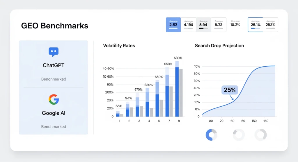 Infographic displaying key GEO statistics including AI platform adoption rates, citation volatility, and traditional search volume projections
