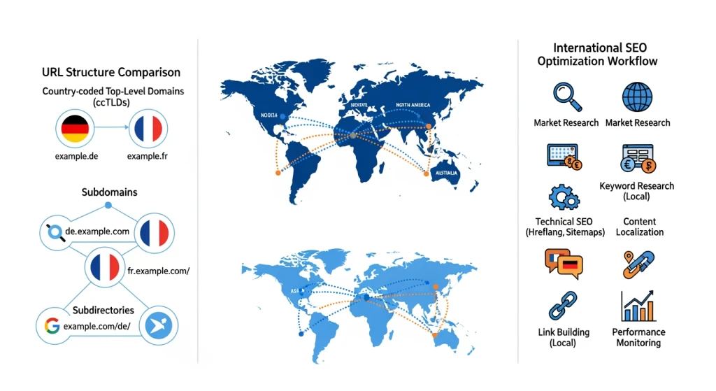 International SEO framework diagram showing URL structure options and global optimization strategy