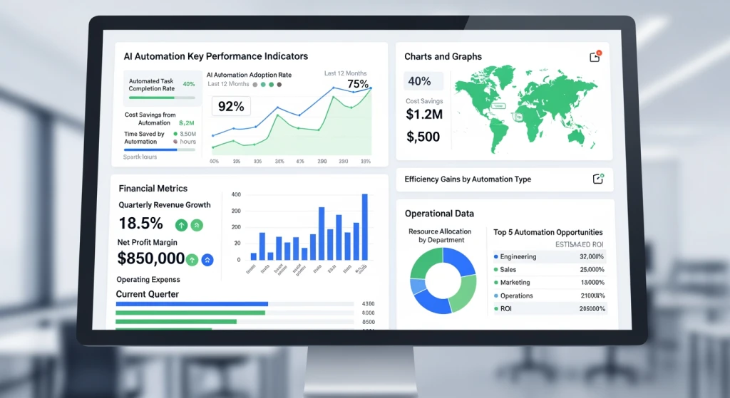 KPI dashboard showing financial and operational metrics for AI automation success measurement