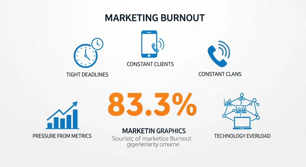 Marketing burnout statistics visualization showing 83.3% burnout rate with stress factors like constant deadlines, client crises, and technology changes