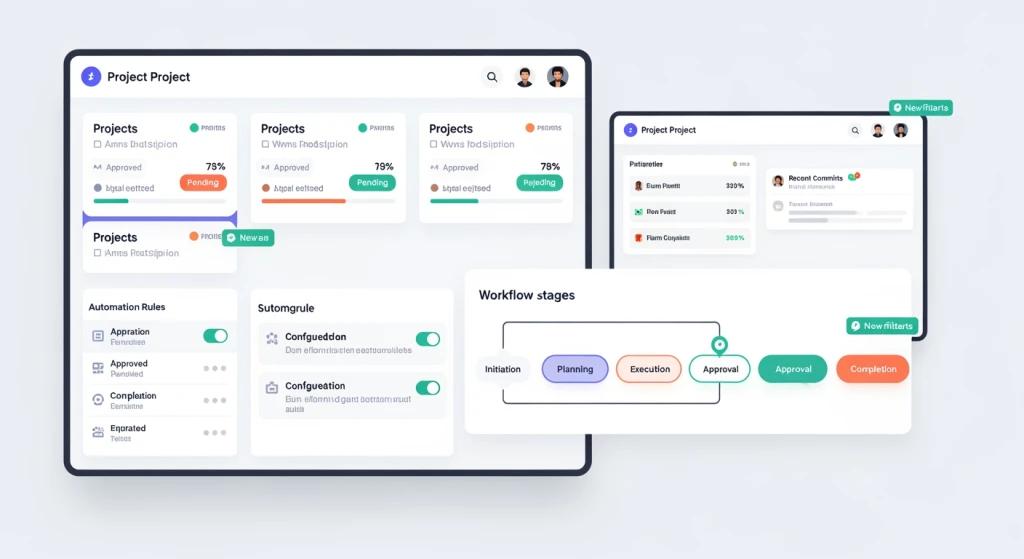 Marketing collaboration tools interface mockup showing approval workflows and automated handoffs for SMB teams