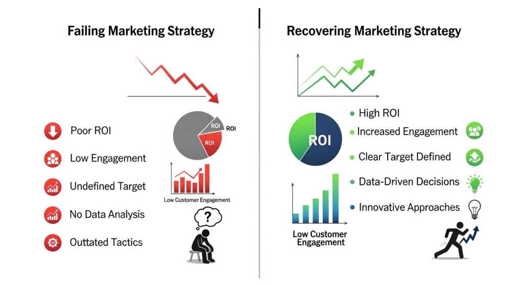 Marketing strategy diagnostic framework comparing failing versus successful approaches